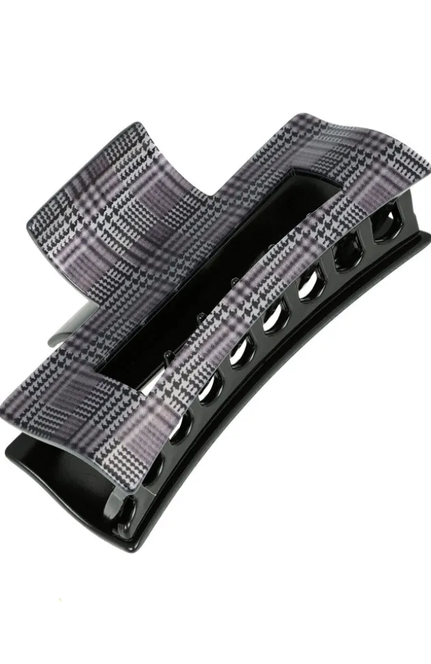 Large Cutout Rectangle Claw Clip - Plaid Black